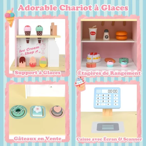 Chariot à Glaces pour Enfants Stand de Glaces pour Tout-petits Distributeur Automatique et Jouets Présentoir Ecran pour 3+ Ans Rose/Vert