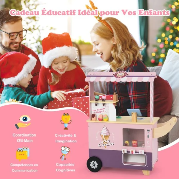 Chariot à Glaces pour Enfants Stand de Glaces pour Tout-petits Distributeur Automatique et Jouets Présentoir Ecran pour 3+ Ans Rose/Vert