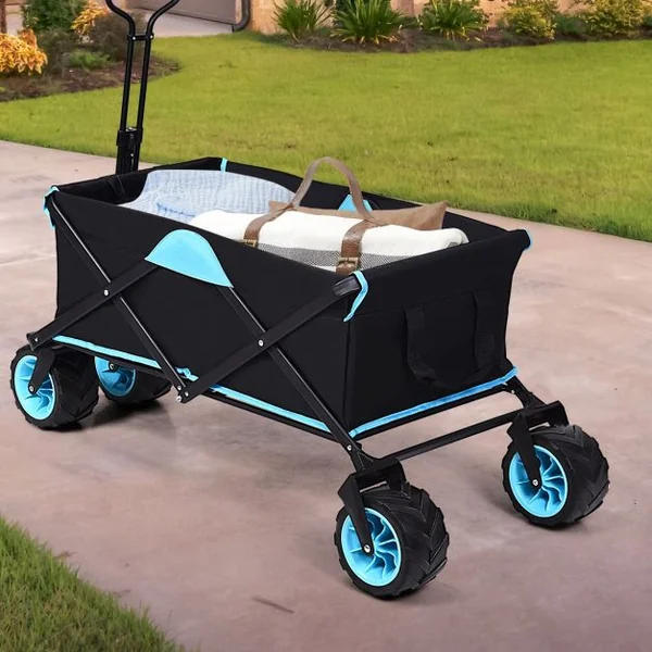 Chariot à Main Pliable à 4 Roues avec Sac D’isotherme Poignée Rotative Capacité 50kg en Tissu Oxford Bleu+Noir