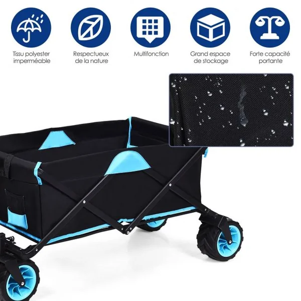 Chariot à Main Pliable à 4 Roues avec Sac D’isotherme Poignée Rotative Capacité 50kg en Tissu Oxford Bleu+Noir