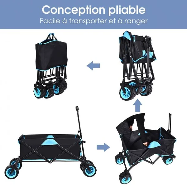 Chariot à Main Pliable à 4 Roues avec Sac D’isotherme Poignée Rotative Capacité 50kg en Tissu Oxford Bleu+Noir