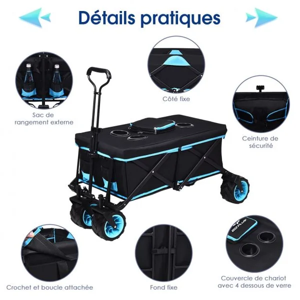 Chariot à Main Pliable à 4 Roues avec Sac D’isotherme Poignée Rotative Capacité 50kg en Tissu Oxford Bleu+Noir