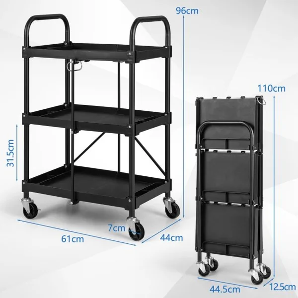 Chariot à Outils Pliant à 3 Niveaux avec Roues Universelles 4 Rainures et Mains Courantes Servante d’Atelier Charge 45 kg
