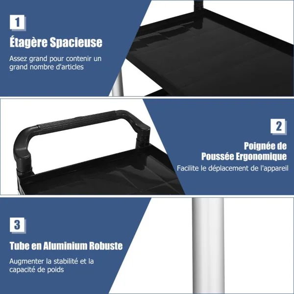 Chariot à Roulettes 3 Étagères 150 kg Chariot de Service Multifonctionnel avec Poignées adaptées 103 x 49 x 98 cm Noir