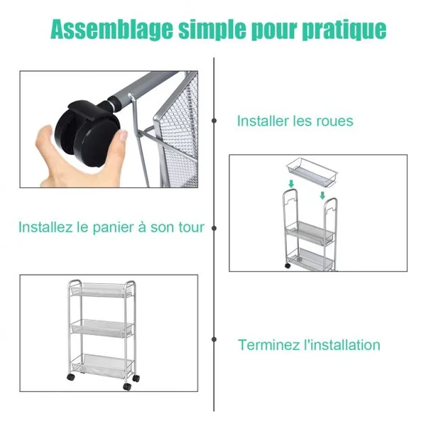 Chariot à Roulettes Desserte de Service Roues Verrouillables avec 3 Paniers Rangement Gris