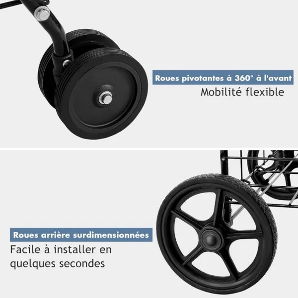 Chariots de Courses Pliable à 4 Roues en Métal Pivotantes à 360° 2 Panier pour le Linge les Courses Capacité de 40KG Noir