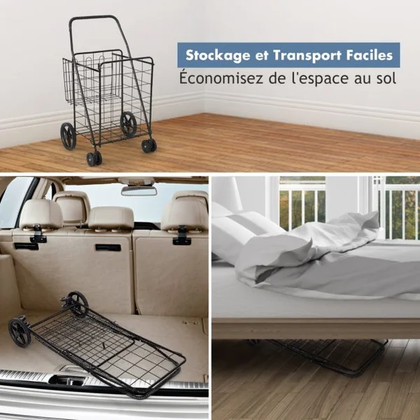 Chariots de Courses Pliable à 4 Roues en Métal Pivotantes à 360° 2 Panier pour le Linge les Courses Capacité de 40KG Noir
