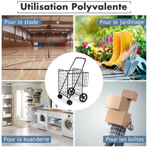 Chariots de Courses Pliable à 4 Roues en Métal Pivotantes à 360° 2 Panier pour le Linge les Courses Capacité de 40KG Noir
