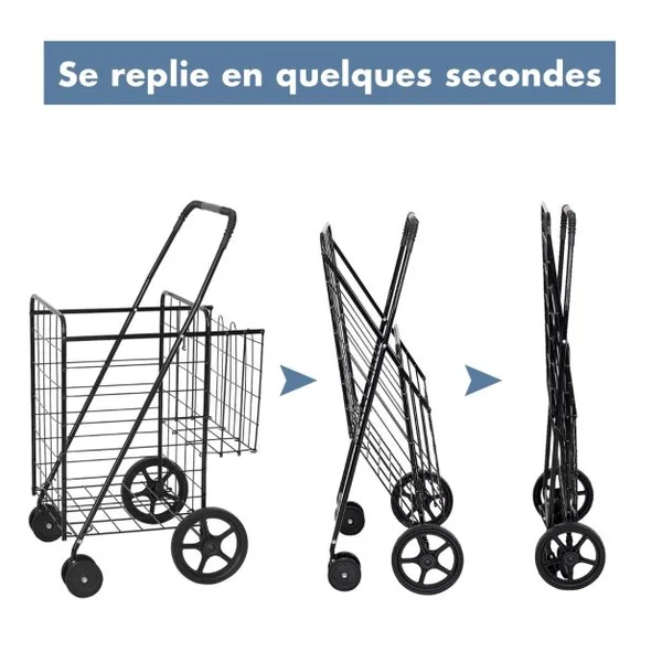 Chariots de Courses Pliable à 4 Roues en Métal Pivotantes à 360° 2 Panier pour le Linge les Courses Capacité de 40KG Noir