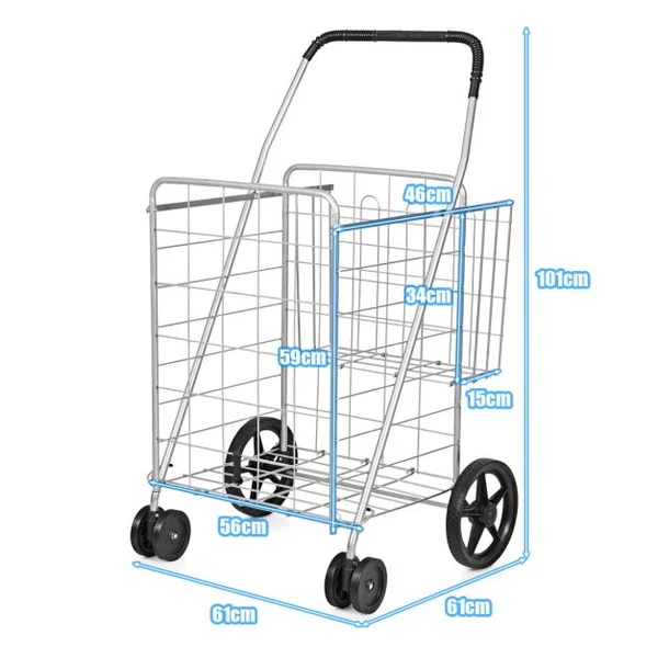 Chariots de Courses Pliableà 4 Roues en Métal Pivotantes à 360° 2 Panier pour le Linge les Courses Capacité de 40KG Argent
