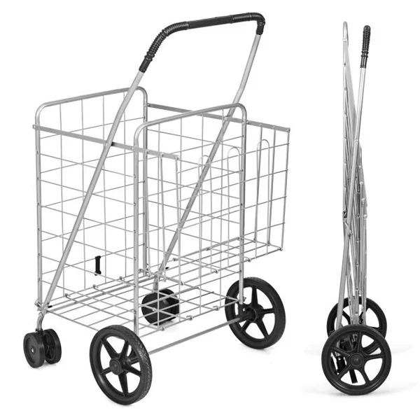 Chariots de Courses Pliableà 4 Roues en Métal Pivotantes à 360° 2 Panier pour le Linge les Courses Capacité de 40KG Argent