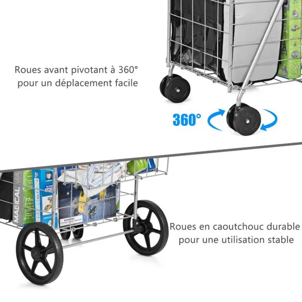 Chariots de Courses Pliableà 4 Roues en Métal Pivotantes à 360° 2 Panier pour le Linge les Courses Capacité de 40KG Argent