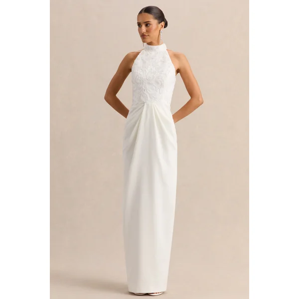 Charlotte | Robe longue blanche à encolure dos-nu avec détails froncés