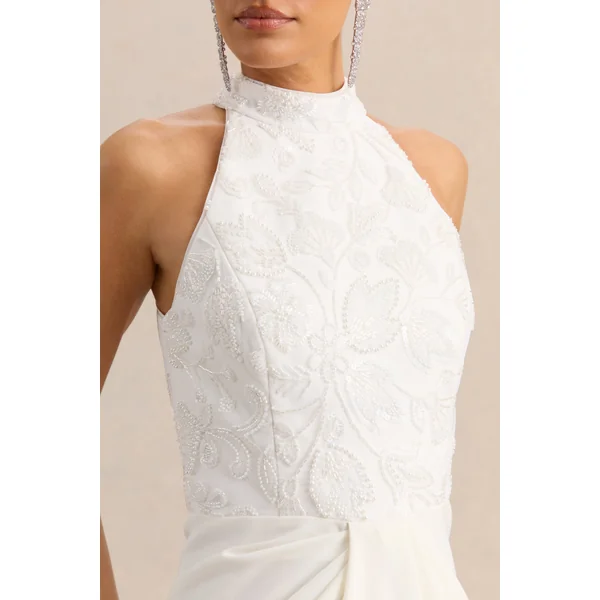 Charlotte | Robe longue blanche à encolure dos-nu avec détails froncés