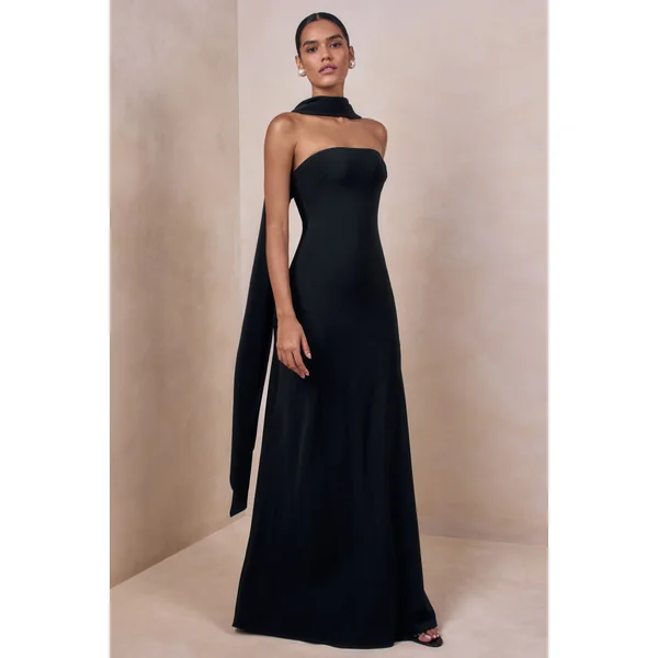 Charly | Robe longue bandeau en satin noir avec détail foulard