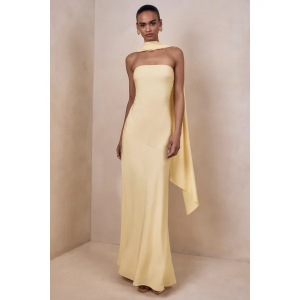 Charly | Robe longue en satin citron à encolure bandeau avec écharpe