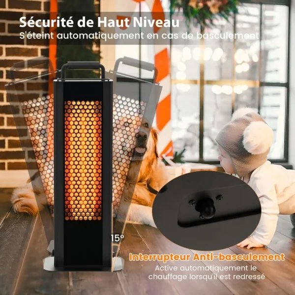 Chauffage Électrique à Infrarouge 1200W Portable avec Double Face Radiateur Étanche en Aluminium Protection Contre pour Jardin Balcon Noir