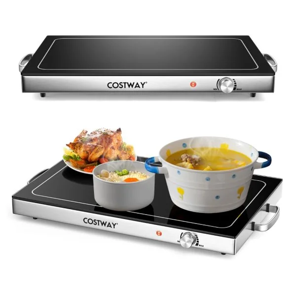 Chauffe-plats Électrique avec Contrôle de la Température Plateau en Verre Thermique 56 x 36 cm Garde Aliments Chauds Poignées Tactiles Froides pour Fêtes de Famille Restaurant