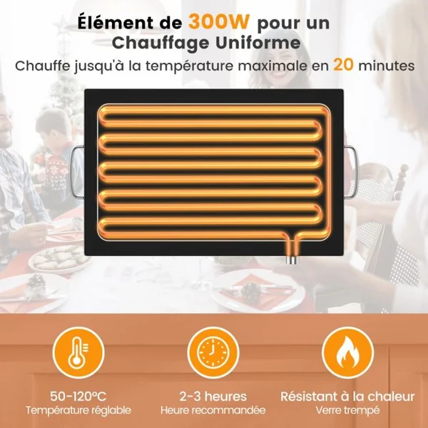 Chauffe-plats Électrique avec Contrôle de la Température Plateau en Verre Thermique 56 x 36 cm Garde Aliments Chauds Poignées Tactiles Froides pour Fêtes de Famille Restaurant