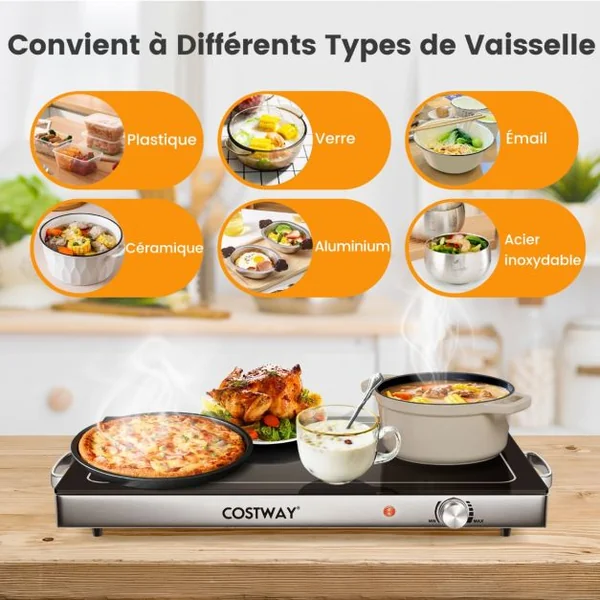 Chauffe-plats Électrique avec Contrôle de la Température Plateau en Verre Thermique 56 x 36 cm Garde Aliments Chauds Poignées Tactiles Froides pour Fêtes de Famille Restaurant