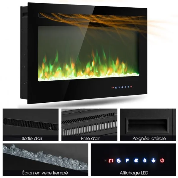 Cheminée Électrique Murale 900/1800W Télécommande Minuterie Écran Tactile 9 Couleurs de Flamme 915x14x54,5cm Noir