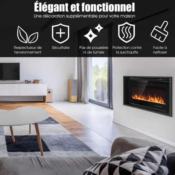 Cheminée Électrique Murale 900/1800W Télécommande Minuterie Écran Tactile 9 Couleurs de Flamme 915x14x54,5cm Noir