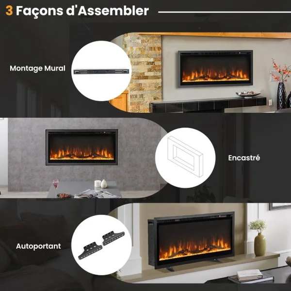 Cheminée Électrique Murale avec 9 Couleurs de Flamme 750W/1500W