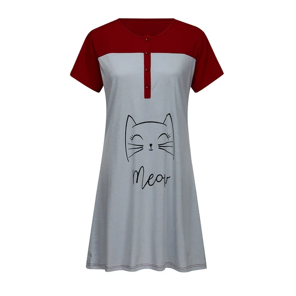 Chemise de nuit de grossesse et d'allaitement motif chat en coton