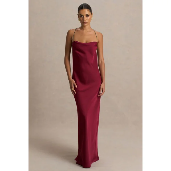 Cher | Robe longue bordeaux en satin à encolure carrée et dos ouvert orné de détails