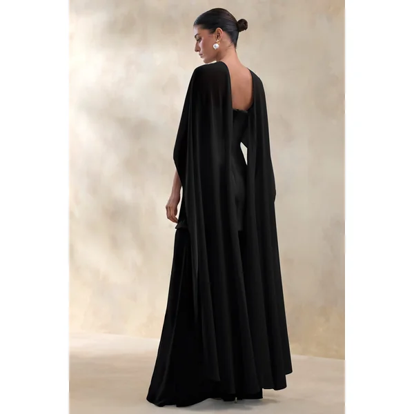 Chessa | Robe longue noire à col haut avec cape transparente