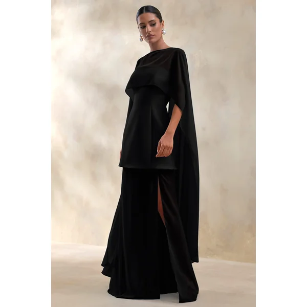 Chessa | Robe longue noire à col haut avec cape transparente