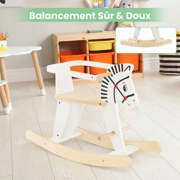 Cheval à Bascule en Bois en Forme Zèbre avec Garde-corps Amovible Jouet à Bascule Poignée & Repose-pied Fonction DIY Charge 40kg pour 3 Ans+ Blanc