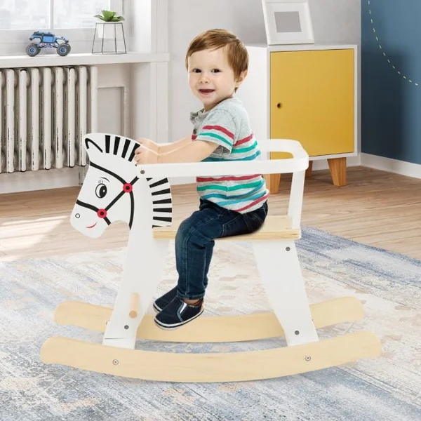 Cheval à Bascule en Bois en Forme Zèbre avec Garde-corps Amovible Jouet à Bascule Poignée & Repose-pied Fonction DIY Charge 40kg pour 3 Ans+ Blanc