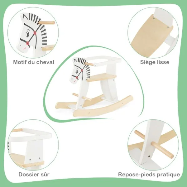 Cheval à Bascule en Bois en Forme Zèbre avec Garde-corps Amovible Jouet à Bascule Poignée & Repose-pied Fonction DIY Charge 40kg pour 3 Ans+ Blanc