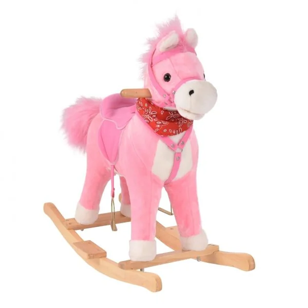 Cheval à bascule en peluche vintage pour enfants Jouet à bascule avec effets sonores, Capacité 40 kg, 74x33x62cm, Rose