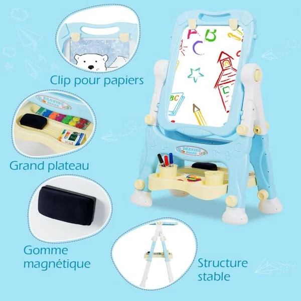 Chevalet 2 en 1 pour Enfant plus de 3 Ans Double Faces Accessoires Hauteur Réglable en PP 61,5x48,5x82-109cm Bleu