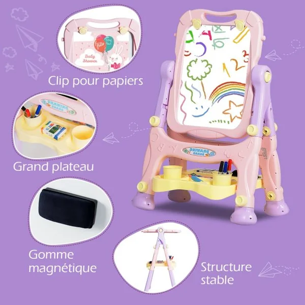 Chevalet 2 en 1 pour Enfant plus de 3 Ans Double Faces Accessoires Hauteur Réglable en PP 61,5x48,5x82-109cm Violet