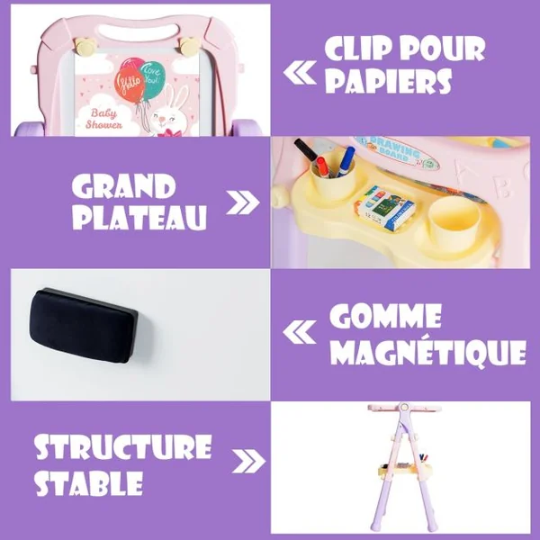 Chevalet 2 en 1 pour Enfant plus de 3 Ans Double Faces Accessoires Hauteur Réglable en PP 61,5x48,5x82-109cm Violet