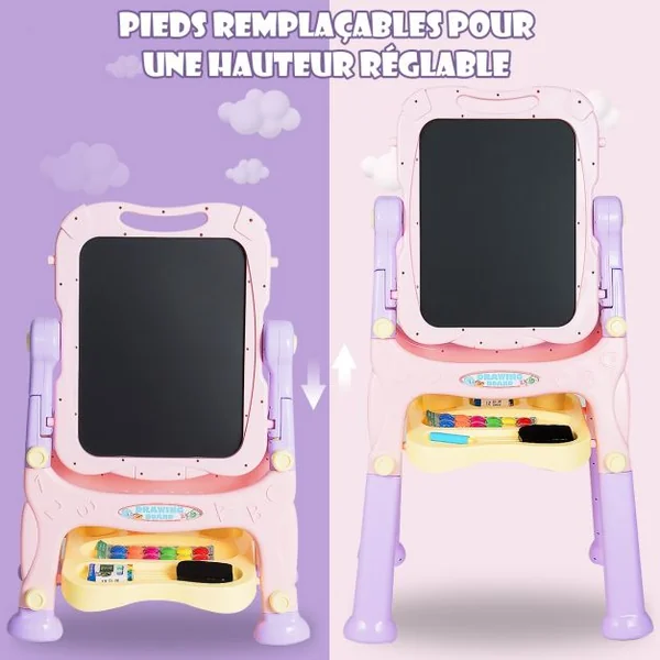 Chevalet 2 en 1 pour Enfant plus de 3 Ans Double Faces Accessoires Hauteur Réglable en PP 61,5x48,5x82-109cm Violet