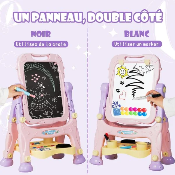 Chevalet 2 en 1 pour Enfant plus de 3 Ans Double Faces Accessoires Hauteur Réglable en PP 61,5x48,5x82-109cm Violet