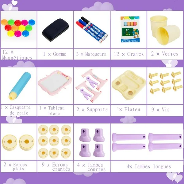 Chevalet 2 en 1 pour Enfant plus de 3 Ans Double Faces Accessoires Hauteur Réglable en PP 61,5x48,5x82-109cm Violet