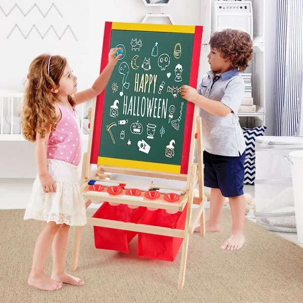 Chevalet 3 en 1 pour Enfants avec Rouleau de Papier Tableau Magnétique Blanc et Noir Accessoires 52,5x515x106,5cm