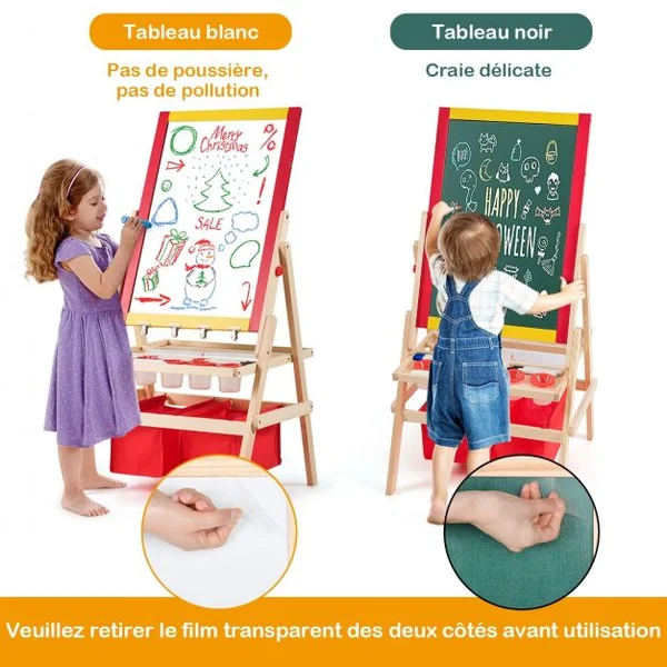 Chevalet 3 en 1 pour Enfants avec Rouleau de Papier Tableau Magnétique Blanc et Noir Accessoires 52,5x515x106,5cm