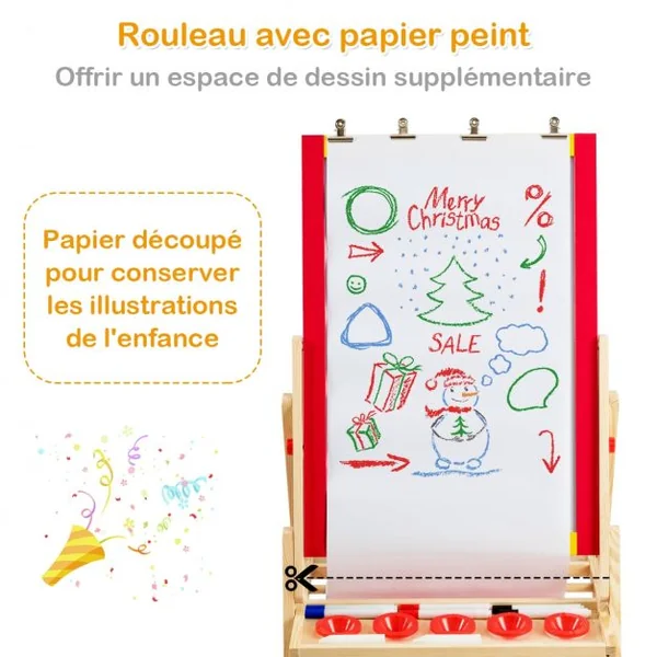 Chevalet 3 en 1 pour Enfants avec Rouleau de Papier Tableau Magnétique Blanc et Noir Accessoires 52,5x515x106,5cm