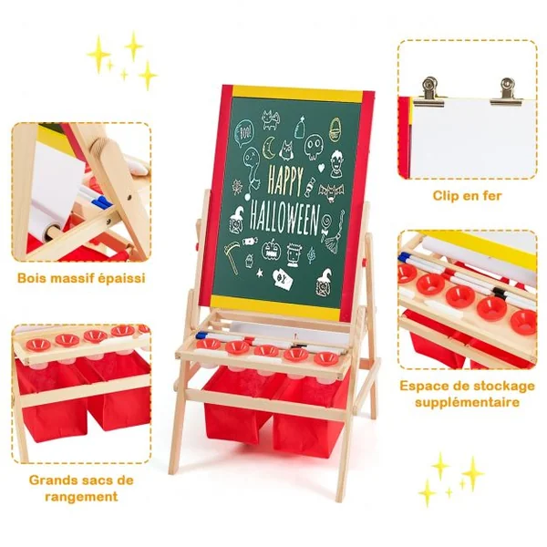 Chevalet 3 en 1 pour Enfants avec Rouleau de Papier Tableau Magnétique Blanc et Noir Accessoires 52,5x515x106,5cm