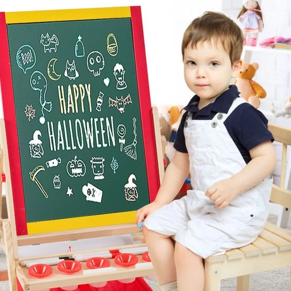 Chevalet 3 en 1 pour Enfants avec Rouleau de Papier Tableau Magnétique Blanc et Noir Accessoires 52,5x515x106,5cm