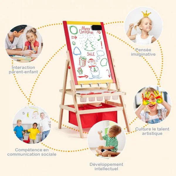Chevalet 3 en 1 pour Enfants avec Rouleau de Papier Tableau Magnétique Blanc et Noir Accessoires 52,5x515x106,5cm