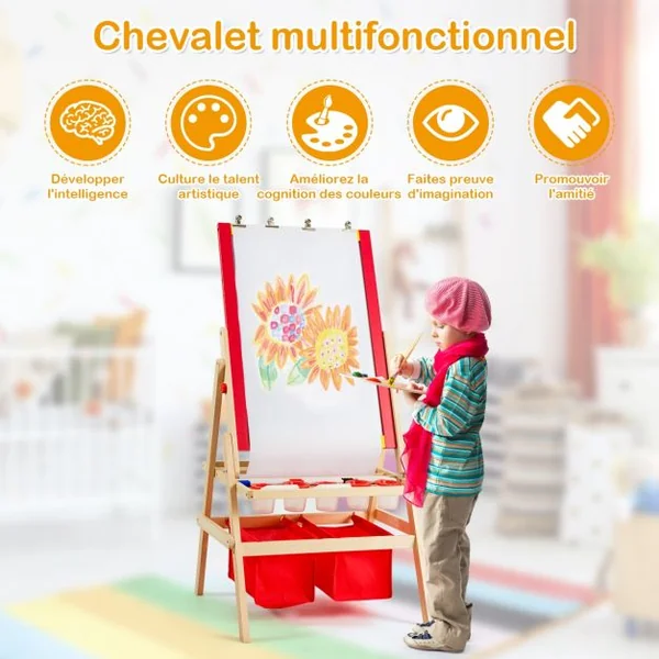 Chevalet 3 en 1 pour Enfants avec Rouleau de Papier Tableau Magnétique Blanc et Noir Accessoires 52,5x515x106,5cm