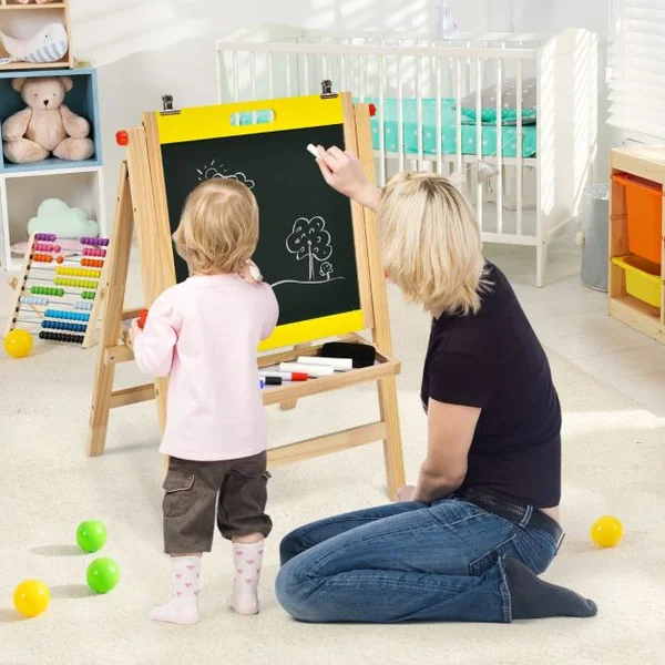 Chevalet d’Art 3-en-1 pour Enfants de 3+Ans avec Hauteur Réglable sur 5 Positions Plateau de Rangement et Tableau à 2 Faces Jaune/Gris