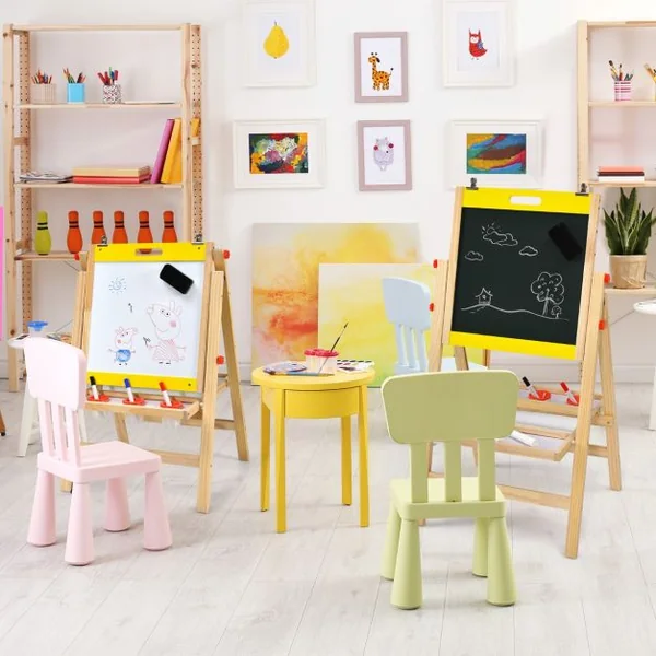 Chevalet d’Art 3-en-1 pour Enfants de 3+Ans avec Hauteur Réglable sur 5 Positions Plateau de Rangement et Tableau à 2 Faces Jaune/Gris